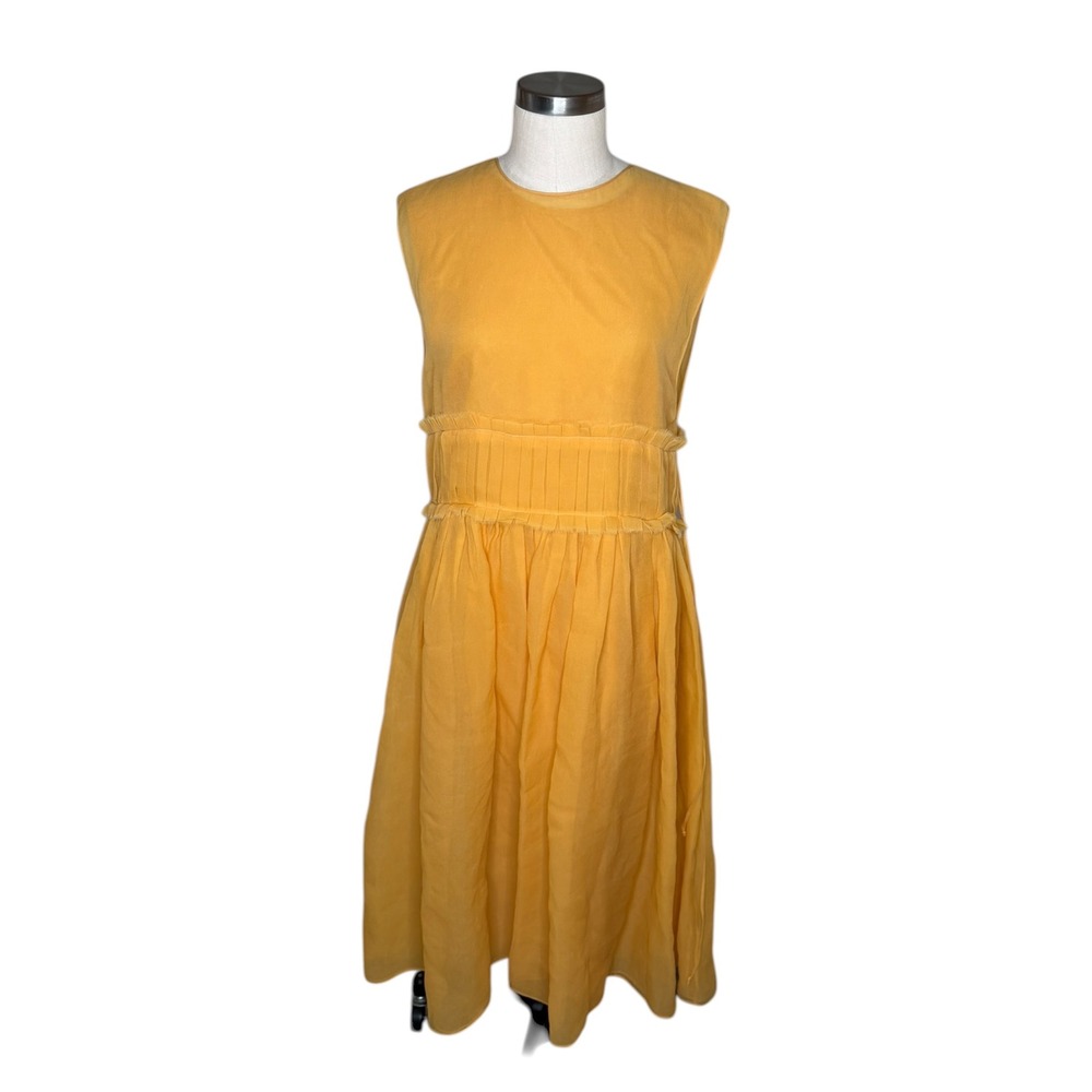 SARA LANZI Gathered Waist Silk‎ Pleated Midi Dress Mustard Yellow Women's Size S
